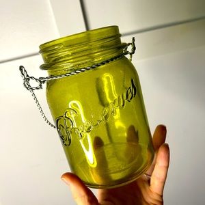 Decorative Preserves Green Mason jar home decor wire handle hanger planter glass